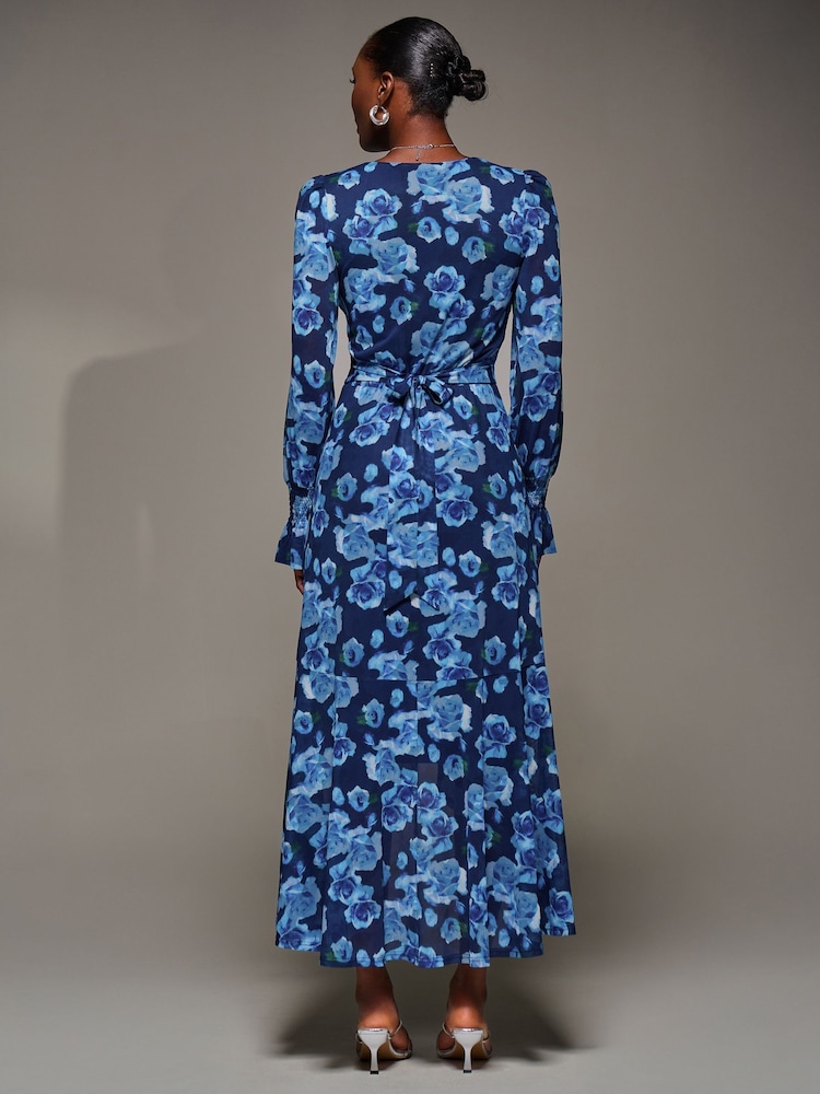 Jolie Moi Blue Ruffle Cuffed Sleeve Frill Mesh Maxi Dress - Image 6 of 6 Jolie Moi Blue Ruffle Cuffed Sleeve Frill Mesh Maxi Dress - Image 6 of 6