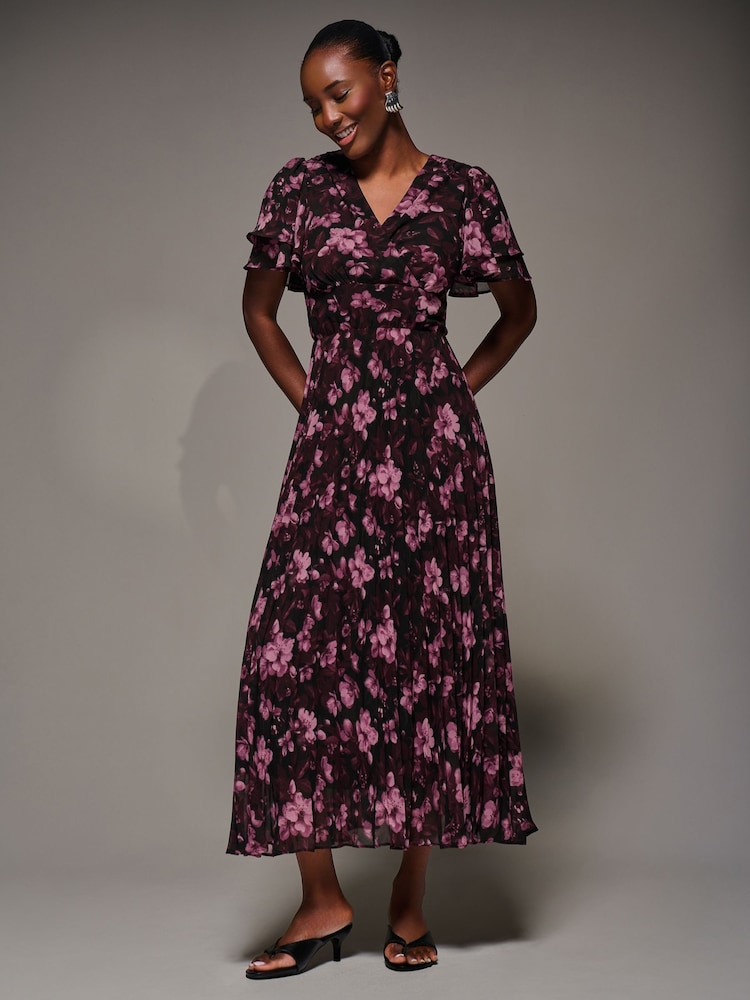 Jolie Moi Purple Chiffon Ruflle Sleeve Pleated Maxi Dress - Image 1 of 6 Jolie Moi Purple Chiffon Ruflle Sleeve Pleated Maxi Dress - Image 1 of 6
