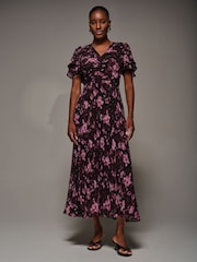 Jolie Moi Purple Chiffon Ruflle Sleeve Pleated Maxi Dress - Image 5 of 6