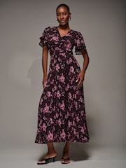 Jolie Moi Purple Chiffon Ruflle Sleeve Pleated Maxi Dress - Image 6 of 6