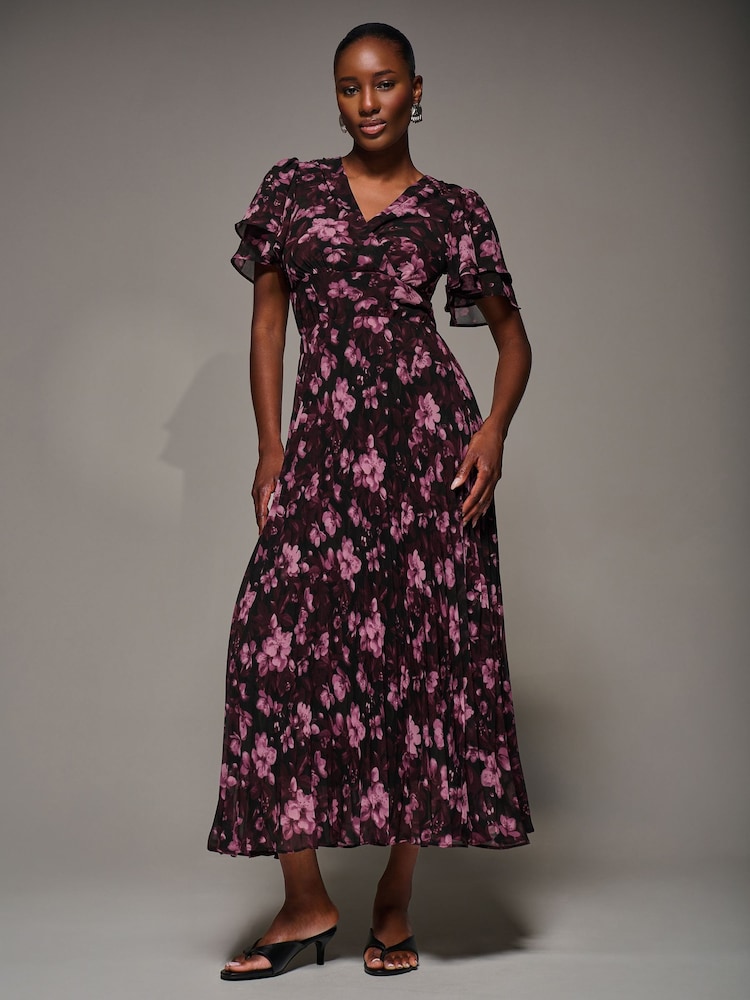 Jolie Moi Purple Chiffon Ruflle Sleeve Pleated Maxi Dress - Image 6 of 6 Jolie Moi Purple Chiffon Ruflle Sleeve Pleated Maxi Dress - Image 6 of 6