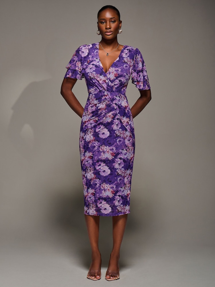 Jolie Moi Purple Angel Sleeve Mesh Bodycon Dress - Image 1 of 6