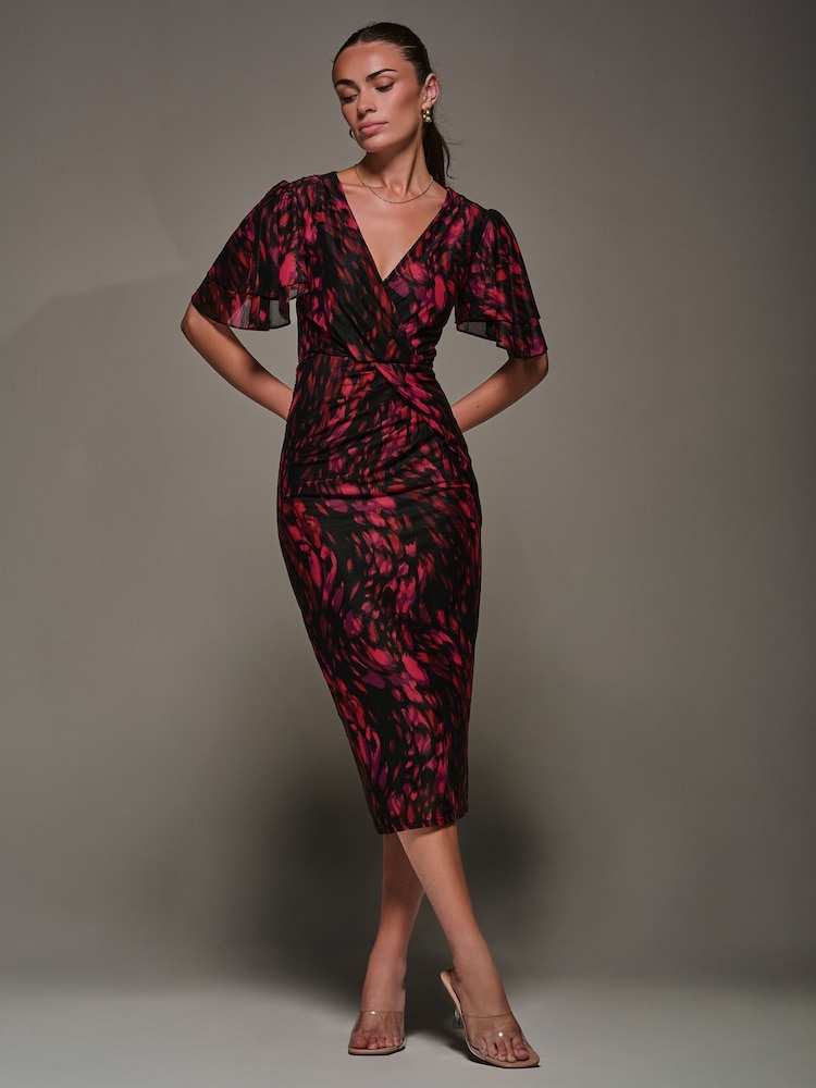 Jolie Moi Black Print Mesh Angel Sleeve Bodycon Midi Dress - Image 1 of 6 Jolie Moi Black Print Mesh Angel Sleeve Bodycon Midi Dress - Image 1 of 6