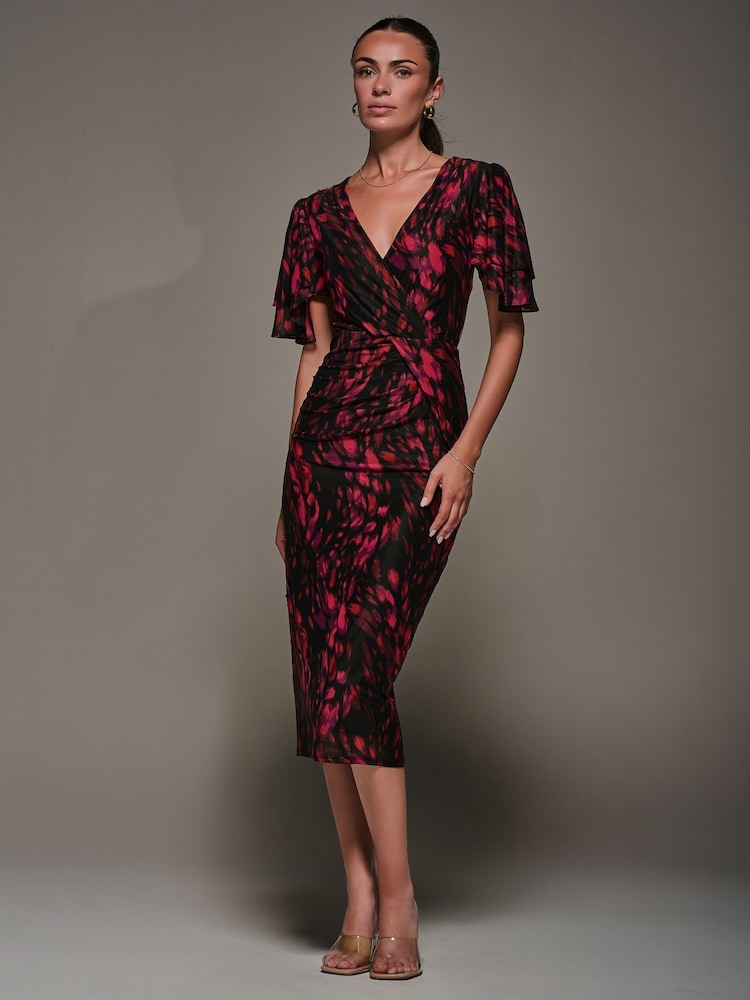 Jolie Moi Black Print Mesh Angel Sleeve Bodycon Midi Dress - Image 6 of 6 Jolie Moi Black Print Mesh Angel Sleeve Bodycon Midi Dress - Image 6 of 6