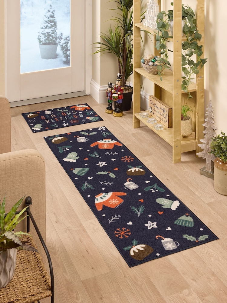 FLOORMATTERS Navy 2 Piece Seasons Greetings Mats and Runners Set - Image 1 of 5 FLOORMATTERS Navy 2 Piece Seasons Greetings Mats and Runners Set - Image 1 of 5