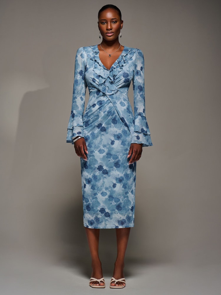 Jolie Moi Blue Frill Sleeve Pleated Wrap Midi Dress - Image 1 of 6 Jolie Moi Blue Frill Sleeve Pleated Wrap Midi Dress - Image 1 of 6