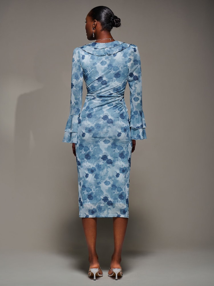 Jolie Moi Blue Frill Sleeve Pleated Wrap Midi Dress - Image 2 of 6 Jolie Moi Blue Frill Sleeve Pleated Wrap Midi Dress - Image 2 of 6