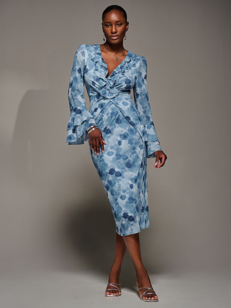 Jolie Moi Blue Frill Sleeve Pleated Wrap Midi Dress - Image 6 of 6 Jolie Moi Blue Frill Sleeve Pleated Wrap Midi Dress - Image 6 of 6