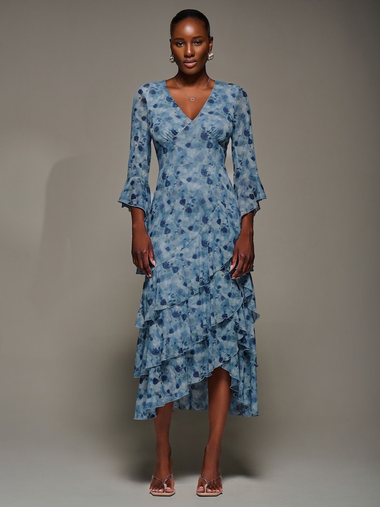 Jolie Moi Blue Mesh Ruffle Sleeve Tiered Midaxi Dress - Image 1 of 6 Jolie Moi Blue Mesh Ruffle Sleeve Tiered Midaxi Dress - Image 1 of 6