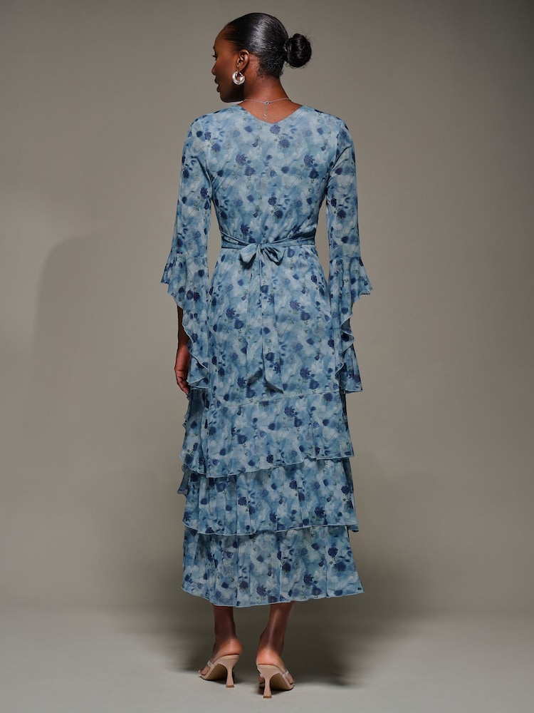 Jolie Moi Blue Mesh Ruffle Sleeve Tiered Midaxi Dress - Image 2 of 6 Jolie Moi Blue Mesh Ruffle Sleeve Tiered Midaxi Dress - Image 2 of 6