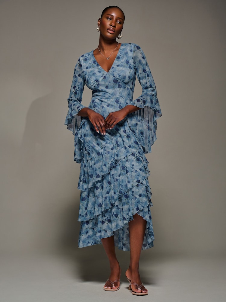 Jolie Moi Blue Mesh Ruffle Sleeve Tiered Midaxi Dress - Image 6 of 6 Jolie Moi Blue Mesh Ruffle Sleeve Tiered Midaxi Dress - Image 6 of 6