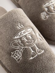Taupe Brown Coffee Embroidered Towelling Slipper Sliders - Image 6 of 6