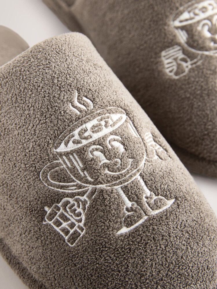 Taupe Brown Coffee Embroidered Towelling Slipper Sliders - Image 6 of 6