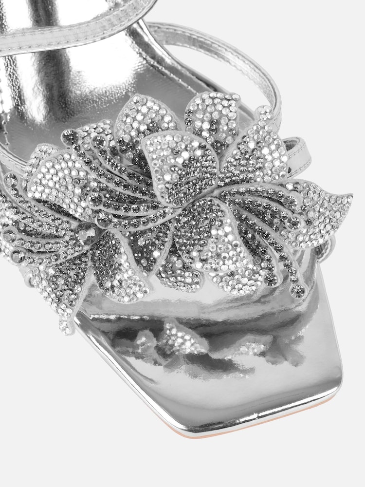 Simmi London Silver Polly Flower Detail Heeled Sandals - Image 3 of 3 Simmi London Silver Polly Flower Detail Heeled Sandals - Image 3 of 3