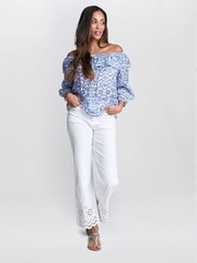 Gina Bacconi Emme Blue Floral Off the Shoulder Top with Frill - Image 1 of 2