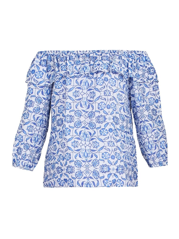 Gina Bacconi Emme Blue Floral Off the Shoulder Top with Frill - Image 2 of 2 Gina Bacconi Emme Blue Floral Off the Shoulder Top with Frill - Image 2 of 2