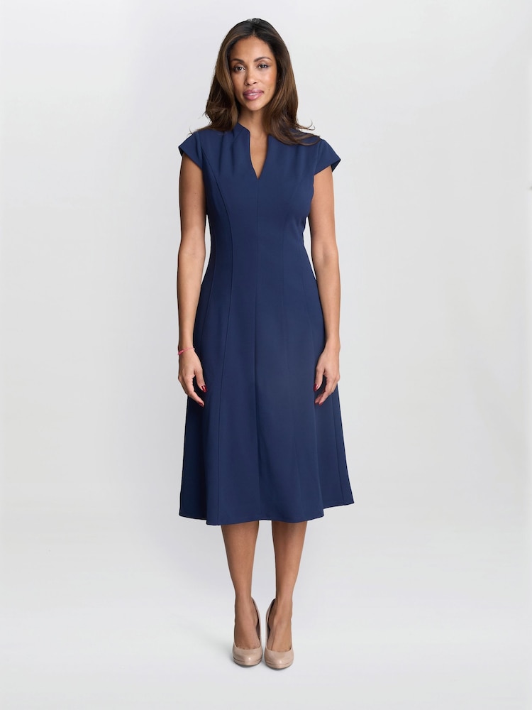 Gina Bacconi Blue Maxene Fit And Flare Midi Dress - Image 1 of 5 Gina Bacconi Blue Maxene Fit And Flare Midi Dress - Image 1 of 5