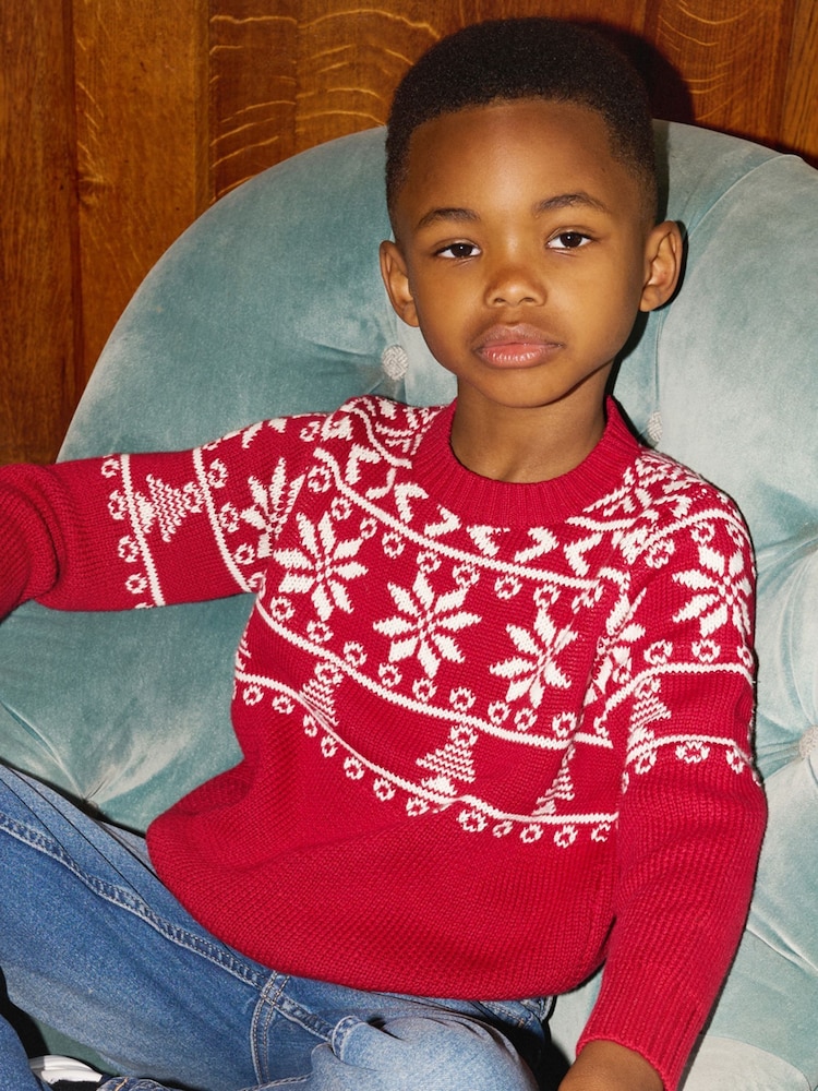 The Little Tailor Kids Red Christmas Half Fairisle Cotton Jumper - Image 2 of 4 The Little Tailor Kids Red Christmas Half Fairisle Cotton Jumper - Image 2 of 4