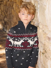 The Little Tailor Kids Zip Neck Festive Fairisle Jumper - Image 1 of 5
