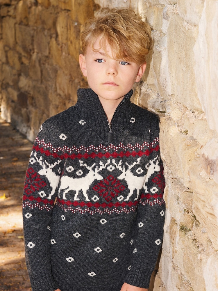 The Little Tailor Kids Zip Neck Festive Fairisle Jumper - Image 1 of 5 The Little Tailor Kids Zip Neck Festive Fairisle Jumper - Image 1 of 5