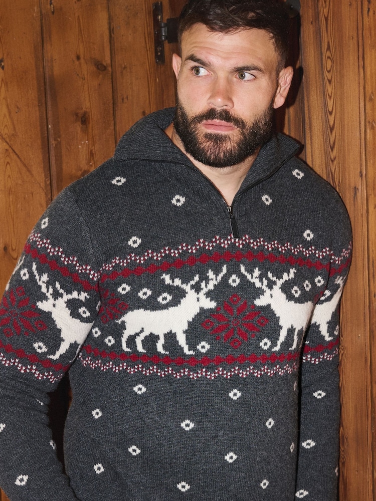 The Little Tailor Grey Zip Neck Festive Fairisle Jumper - Image 1 of 3 The Little Tailor Grey Zip Neck Festive Fairisle Jumper - Image 1 of 3