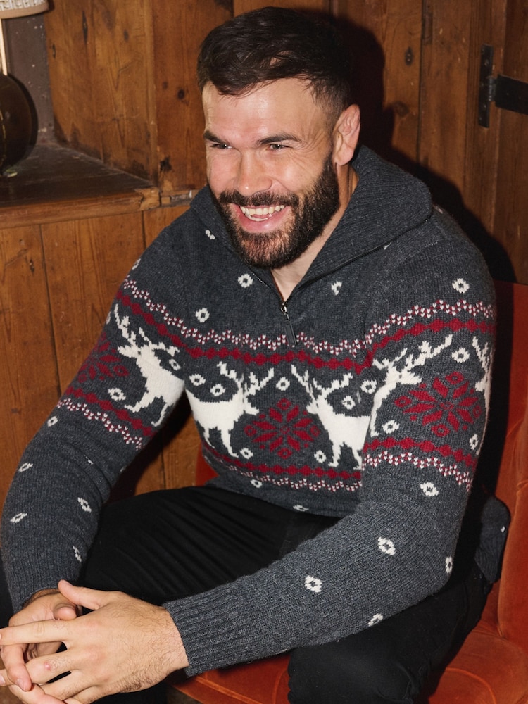 The Little Tailor Grey Zip Neck Festive Fairisle Jumper - Image 2 of 3
