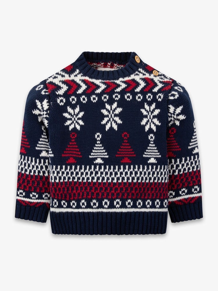 The Little Tailor Baby Blue Christmas Multicoloured Fairisle Cotton Jumper - Image 1 of 4 The Little Tailor Baby Blue Christmas Multicoloured Fairisle Cotton Jumper - Image 1 of 4