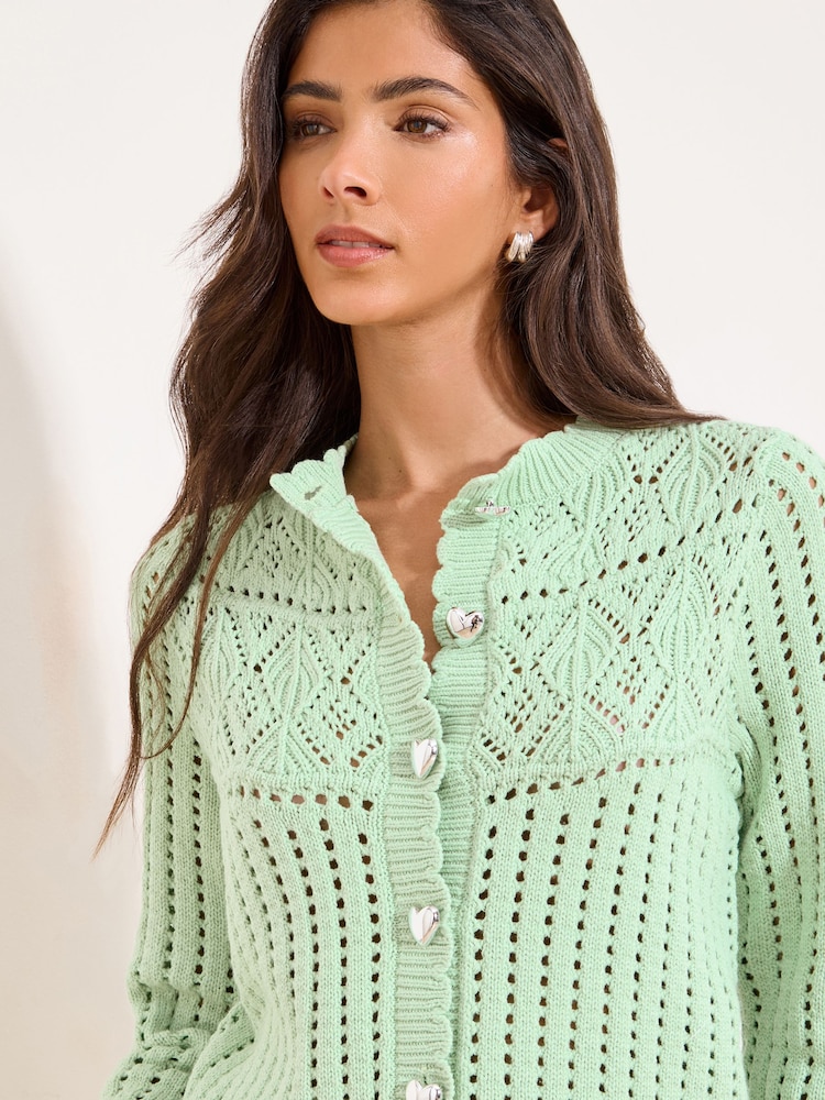 Lipsy Mint Green Heart Buttoned Stitchy Scallop Knitted Cardigan - Image 1 of 4