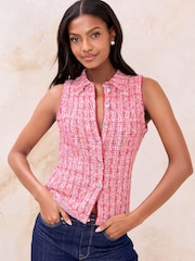 Lipsy Pink Boucle Buttoned Collared Sleeveless Knit Waistcoat - Image 1 of 5