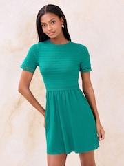 Lipsy Green Scalloped Ladder Trim Short Sleeve Knitted Mini Dress - Image 1 of 4