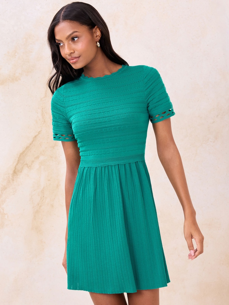 Lipsy Green Scalloped Ladder Trim Short Sleeve Knitted Mini Dress - Image 2 of 4
