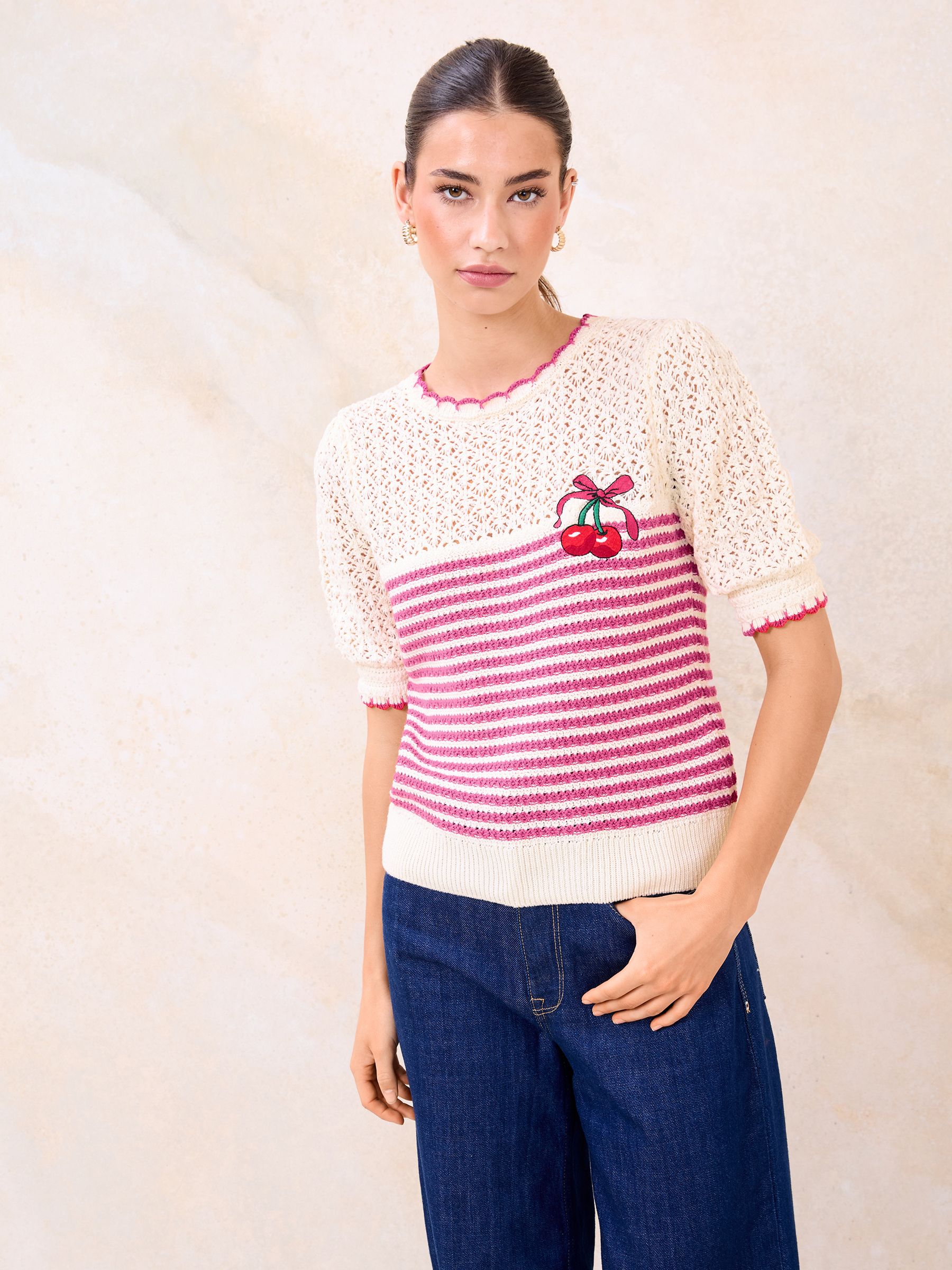 Buy Lipsy White/Pink Cherry Embroidery Stripe Crochet Knitted Top