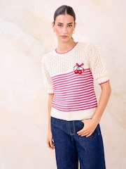 Lipsy Cherry Embroidery Stripe Pointelle Scallop Nitted Top - Image 3 of 4