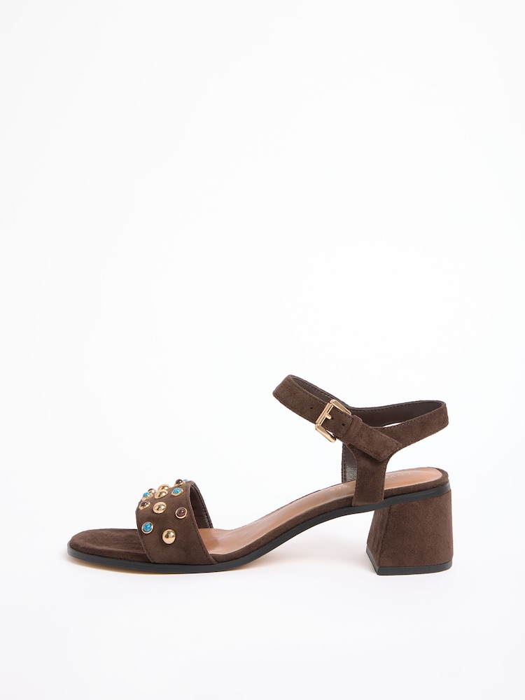 Love & Roses Chocolate Brown Faux Suede Dome Studded Mid Block Heel Occasion Sandals - Image 6 of 6 Love & Roses Chocolate Brown Faux Suede Dome Studded Mid Block Heel Occasion Sandals - Image 6 of 6