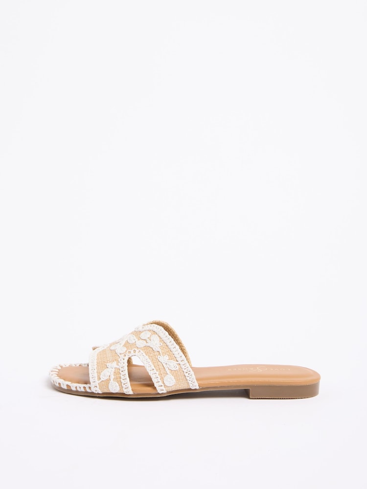 Love & Roses White Cherry Print Raffia Embellished Flat Summer Sandals - Image 5 of 5