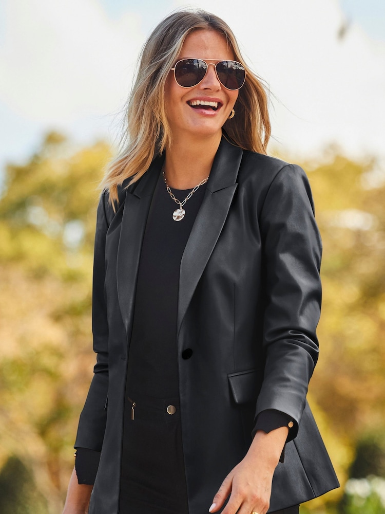 Sosandar Black Premium Faux Leather Blazer - Image 5 of 5