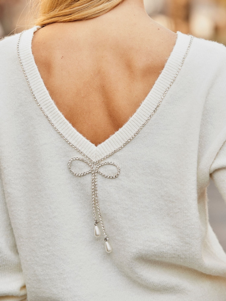 Sosandar Cream Diamante Bow Back Jumper - Image 5 of 5 Sosandar Cream Diamante Bow Back Jumper - Image 5 of 5