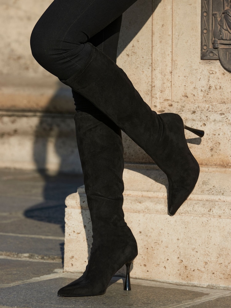 Sosandar Black Faux Suede Knee High Flared Heel Boots - Image 1 of 5 Sosandar Black Faux Suede Knee High Flared Heel Boots - Image 1 of 5