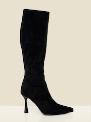 Sosandar Black Faux Suede Knee High Flared Heel Boots - Image 2 of 5