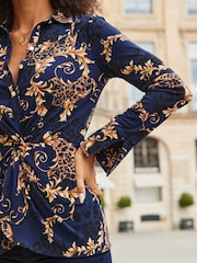 Sosandar Blue Baroque Print Twist Front Shirt - Image 4 of 5