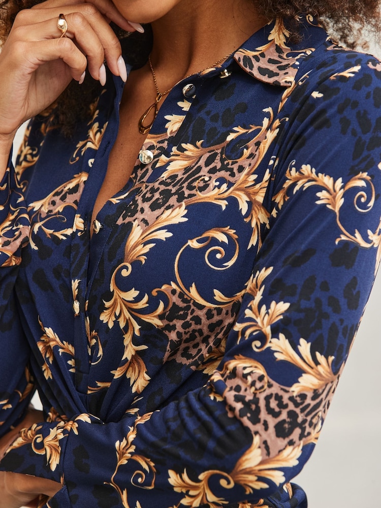 Sosandar Blue Baroque Print Twist Front Shirt - Image 5 of 5