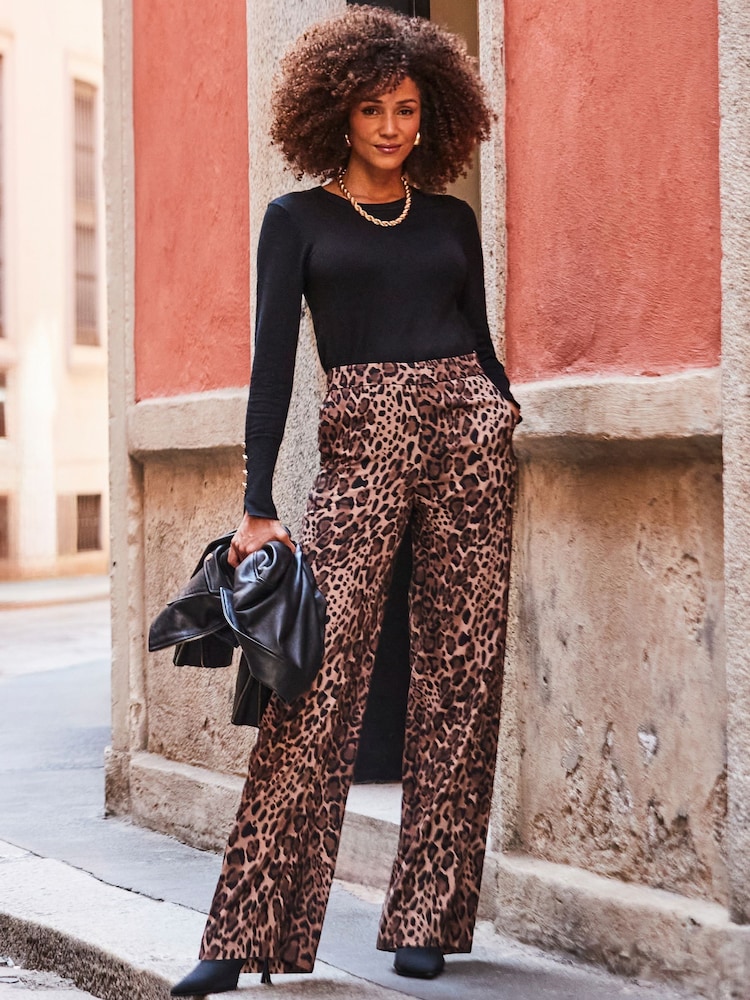 Sosandar Brown Leopard Print Wide Leg Trousers - Image 1 of 5
