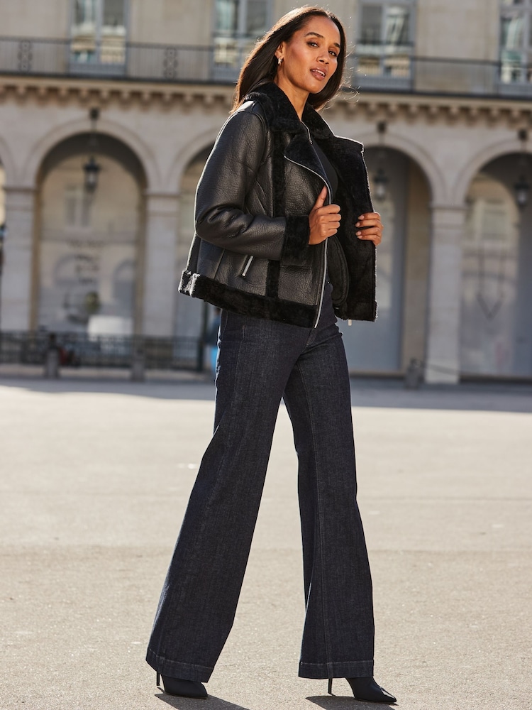 Sosandar Black Faux Shearling Aviator Jacket - Image 2 of 5