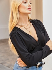 Sosandar Black V-Neck Ruched Shoulder Top - Image 5 of 5