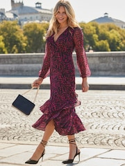 Sosandar Pink Spot Print Ruffle Hem Midi Dress - Image 2 of 5