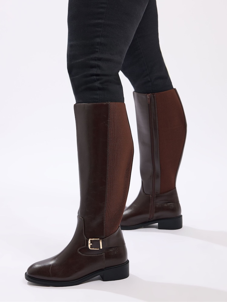 Yours Curve Brown Extra-Wide Fit Buckle Stretch Knee Boots - Image 1 of 4