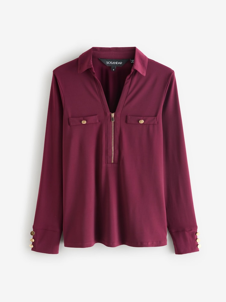 Sosandar Red Contrast Trim Zip Front Top - Image 1 of 1 Sosandar Red Contrast Trim Zip Front Top - Image 1 of 1