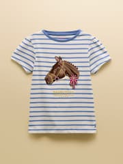 Joules Official Badminton Blue & Cream Striped Horse Print T-Shirt - Image 1 of 4