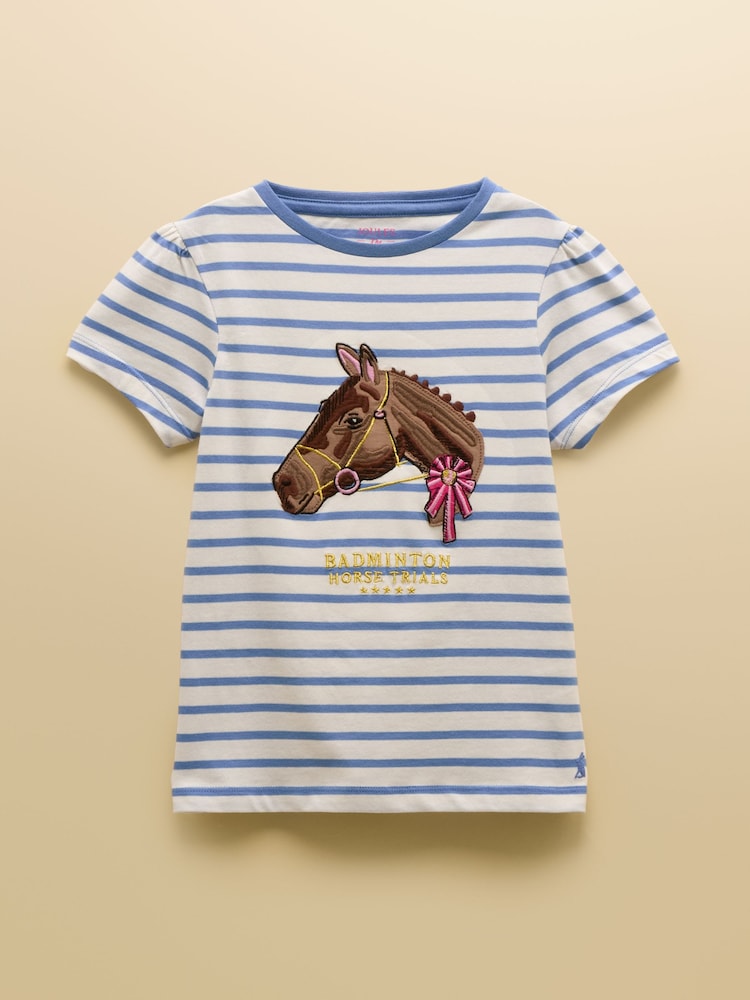 Joules Official Badminton Blue & Cream Striped Horse Print T-Shirt - Image 1 of 4