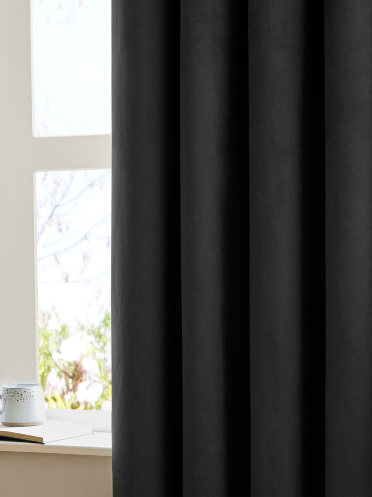 Furn Black Velvet Eyelet Blackout Curtains - Image 4 of 4